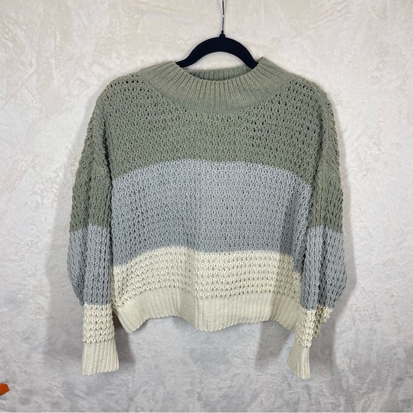 Hazel Moon Sweater Green Ivory Striped chenille colorblock Women’s large - Picture 1 of 6